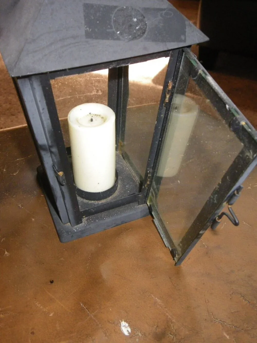 Small Metal & Glass 10” Decorative Square Lantern Nice Patina!